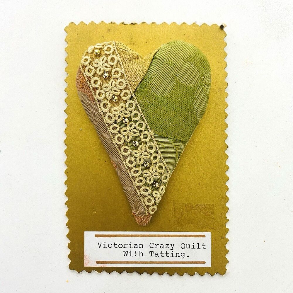 Antique Victorian Quilt Heart with Tatting Lace Handmade Folk Art Pin Brooch